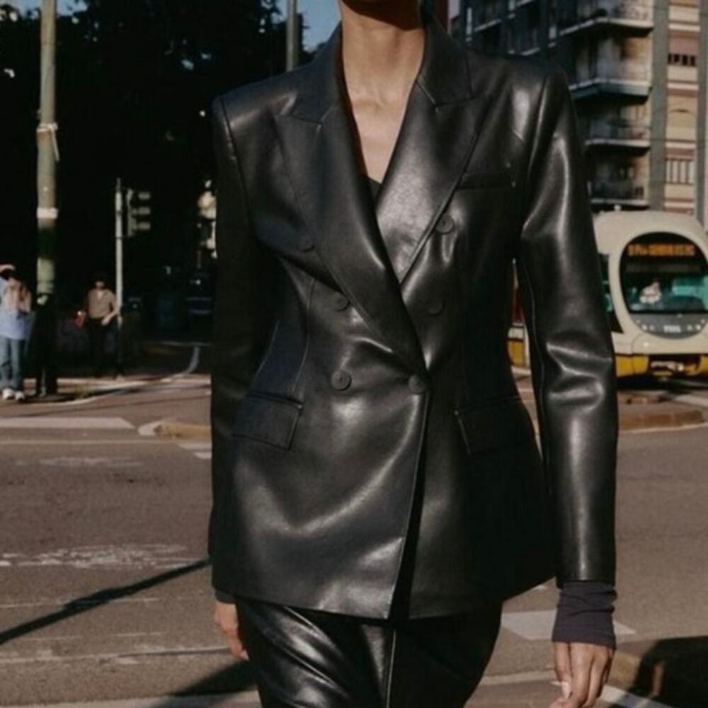 Zara Black Faux Leather Double Breasted Blazer Jacket XL Edgy Minimalist Dress